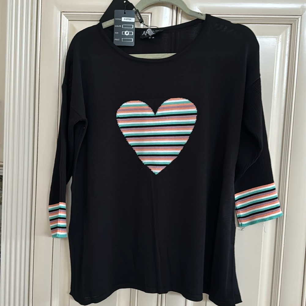 Angel light knit. Heart sweater.   All year round weight.  Black  with color